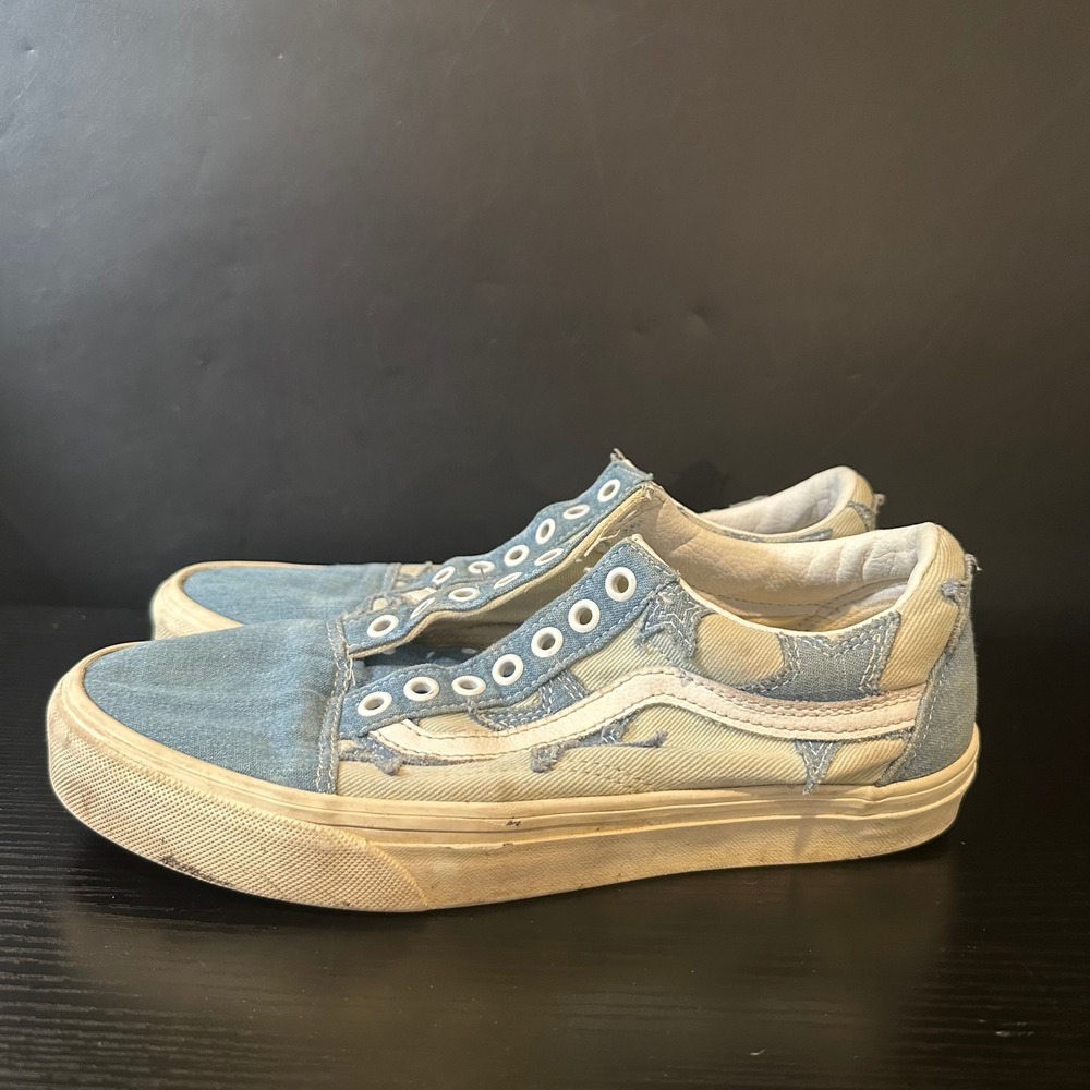 Vans Old Skool Denim Patchwork Star Low Top Sneakers Blue White No Laces